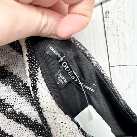Guess Dress Women Sz Small Black White Zebra Print Full Sequin One Shoulder Mini - Picture 2 of 6